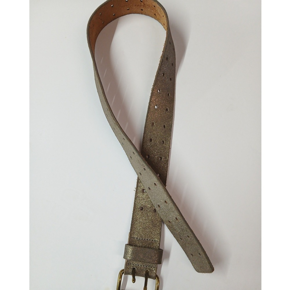 J. Crew Metallic Bronze Italian Leather Double Prong Brass Buckle Belt Wide - Picture 4 of 9